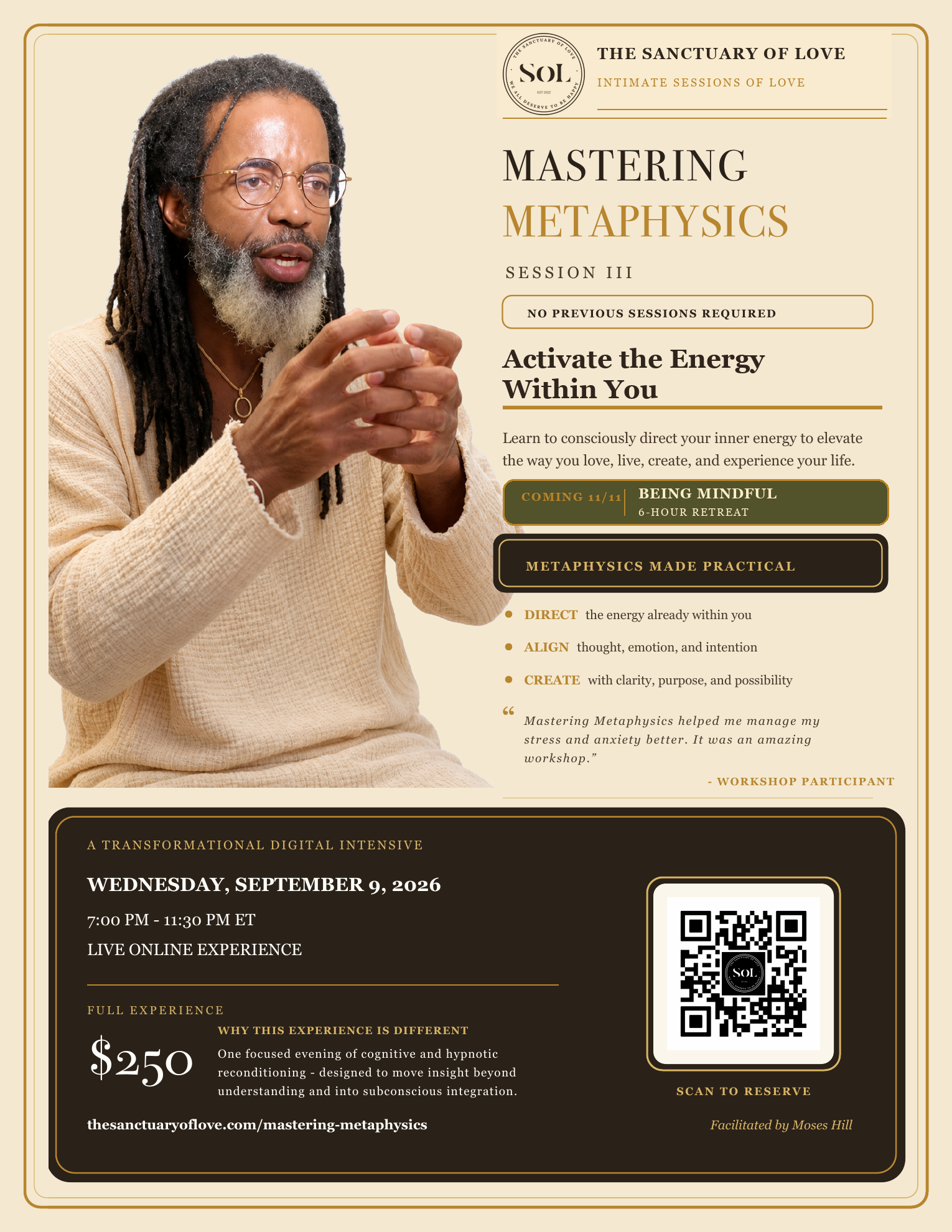 Mastering Metaphysics Session III workshop flyer with Moses Hill